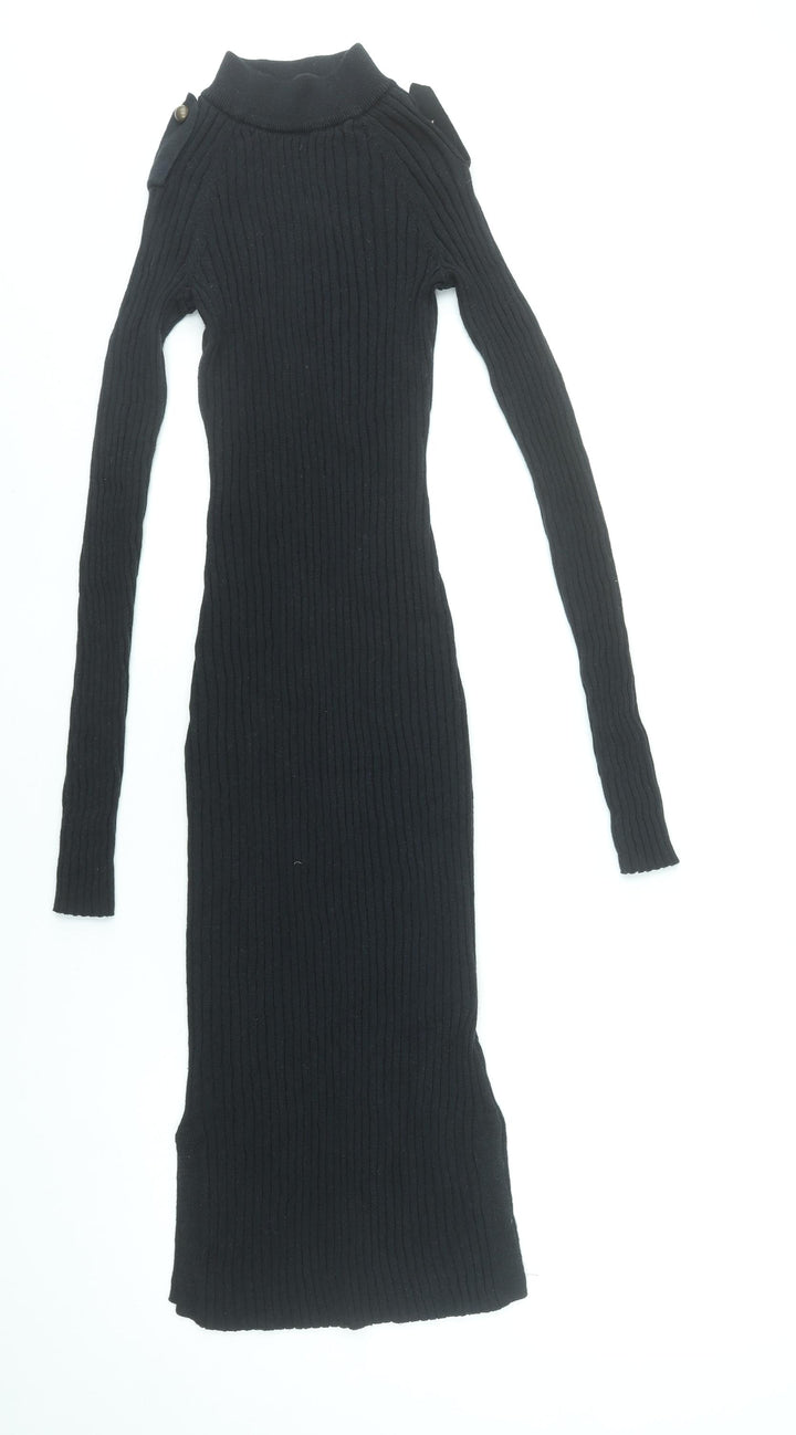 H&M Women Black XS Ribbed Knit Bodycon Midi Dress Long Sleeve L.O.G.G.