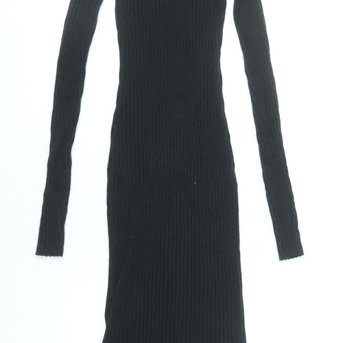 H&M Women Black XS Ribbed Knit Bodycon Midi Dress Long Sleeve L.O.G.G.
