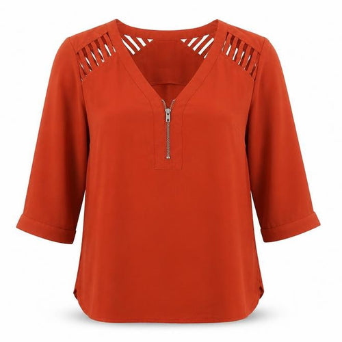 Forever 21 Women's Orange 3/4 Sleeve Zip V-Neck Tunic Blouse Size S