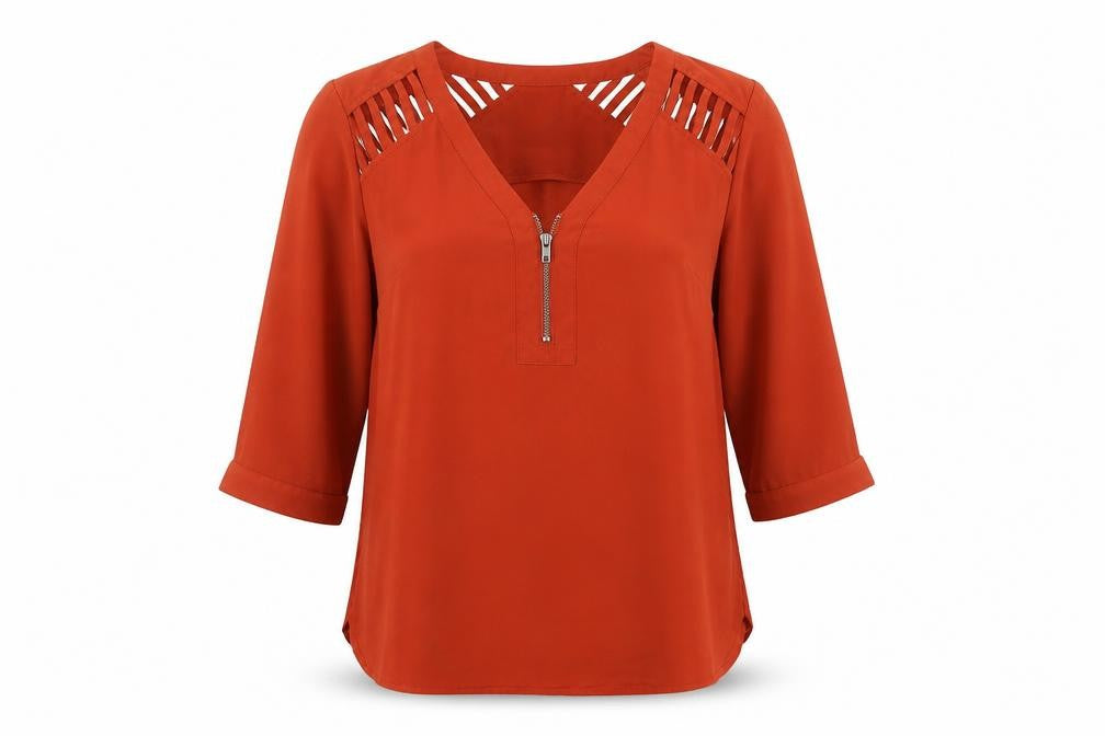 Forever 21 Women's Orange 3/4 Sleeve Zip V-Neck Tunic Blouse Size S