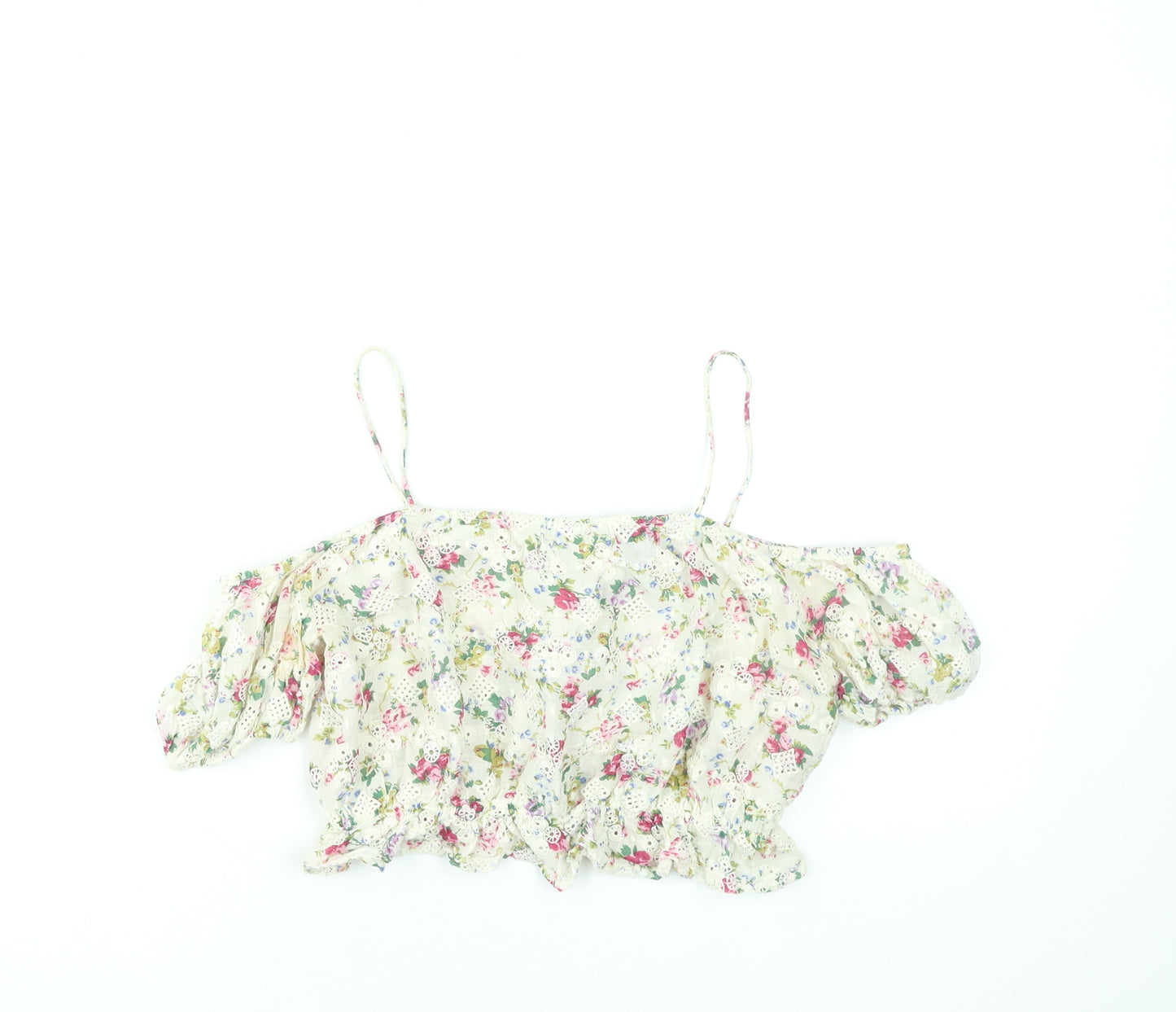 Topshop Women’s Multicoloured Floral Cotton Off Shoulder Crop Blouse Size 8