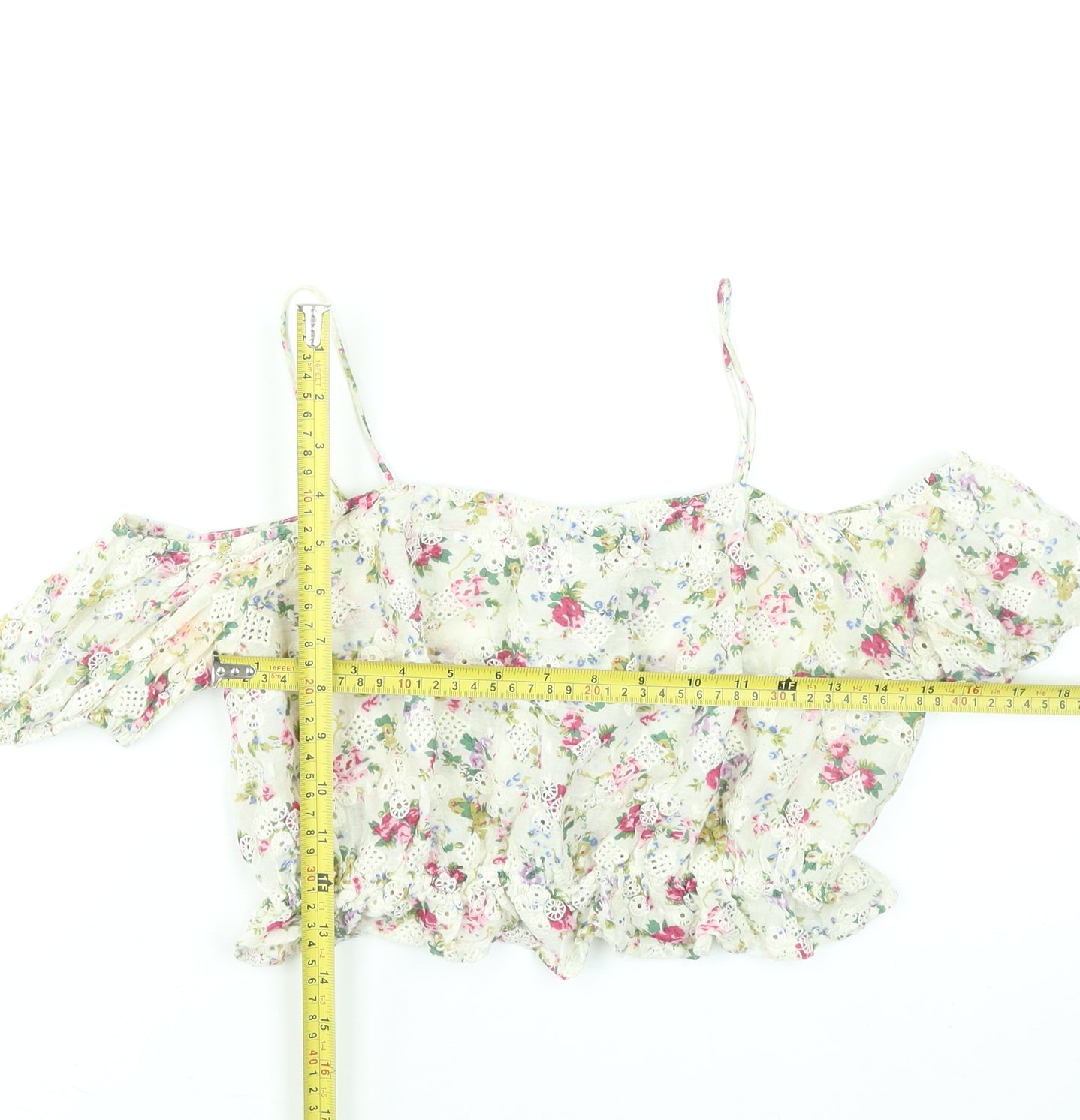 Topshop Women’s Multicoloured Floral Cotton Off Shoulder Crop Blouse Size 8