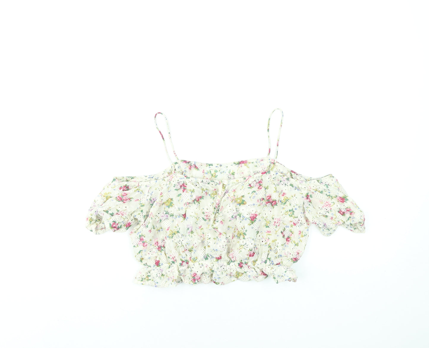 Topshop Women’s Multicoloured Floral Cotton Off Shoulder Crop Blouse Size 8