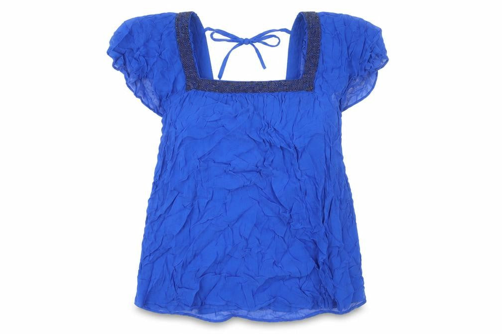 Front view of Evans Women’s Blue Beaded Tunic Blouse, size UK 24, Viscose