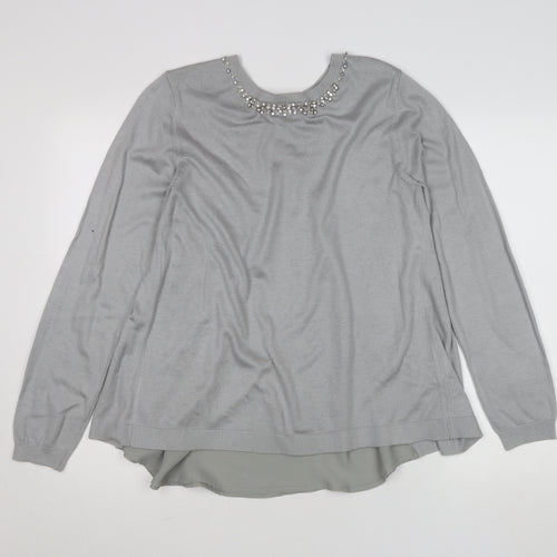 Oasis Women Grey Beaded Crew Neck Long Sleeve Knit Blouse L