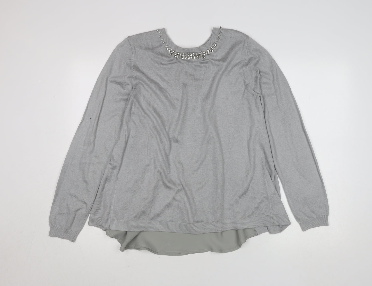 Oasis Women Grey Beaded Crew Neck Long Sleeve Knit Blouse L