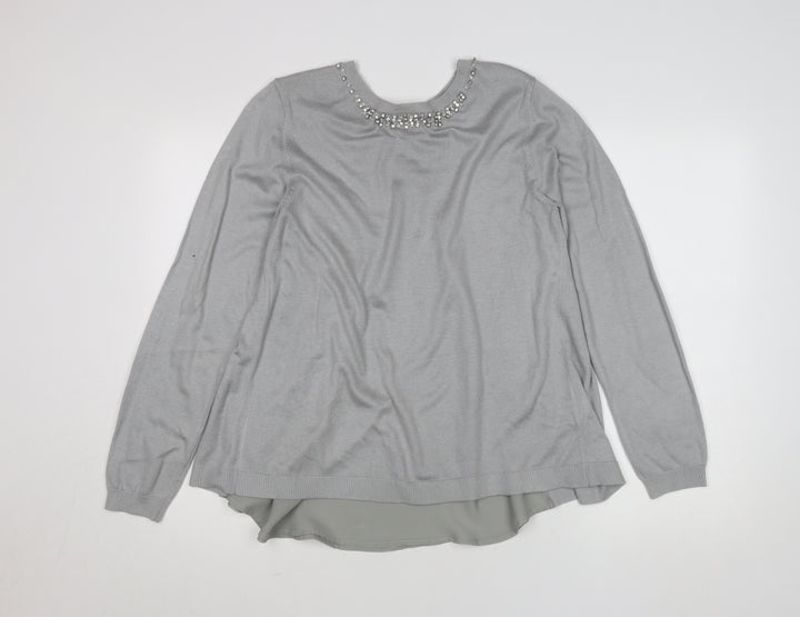 Oasis Women Grey Beaded Crew Neck Long Sleeve Knit Blouse L