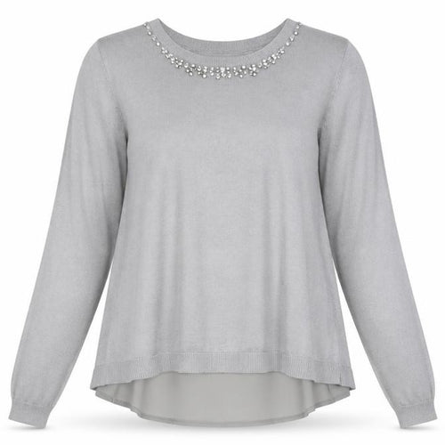 Oasis Women Grey Beaded Crew Neck Long Sleeve Knit Blouse L