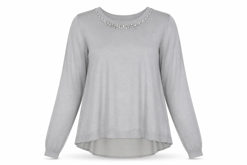 Oasis Women Grey Beaded Crew Neck Long Sleeve Knit Blouse L