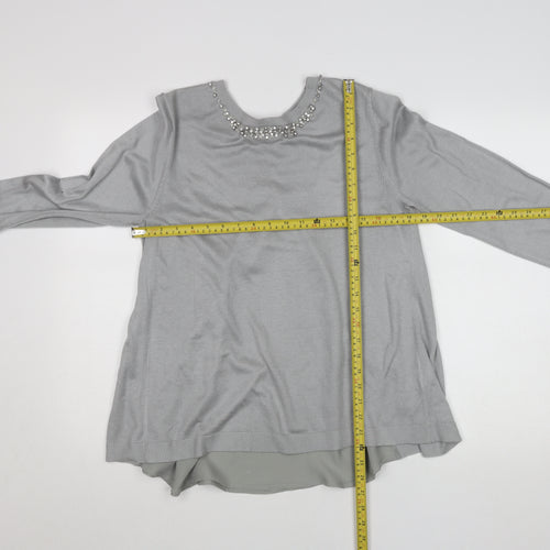 Oasis Women Grey Beaded Crew Neck Long Sleeve Knit Blouse L