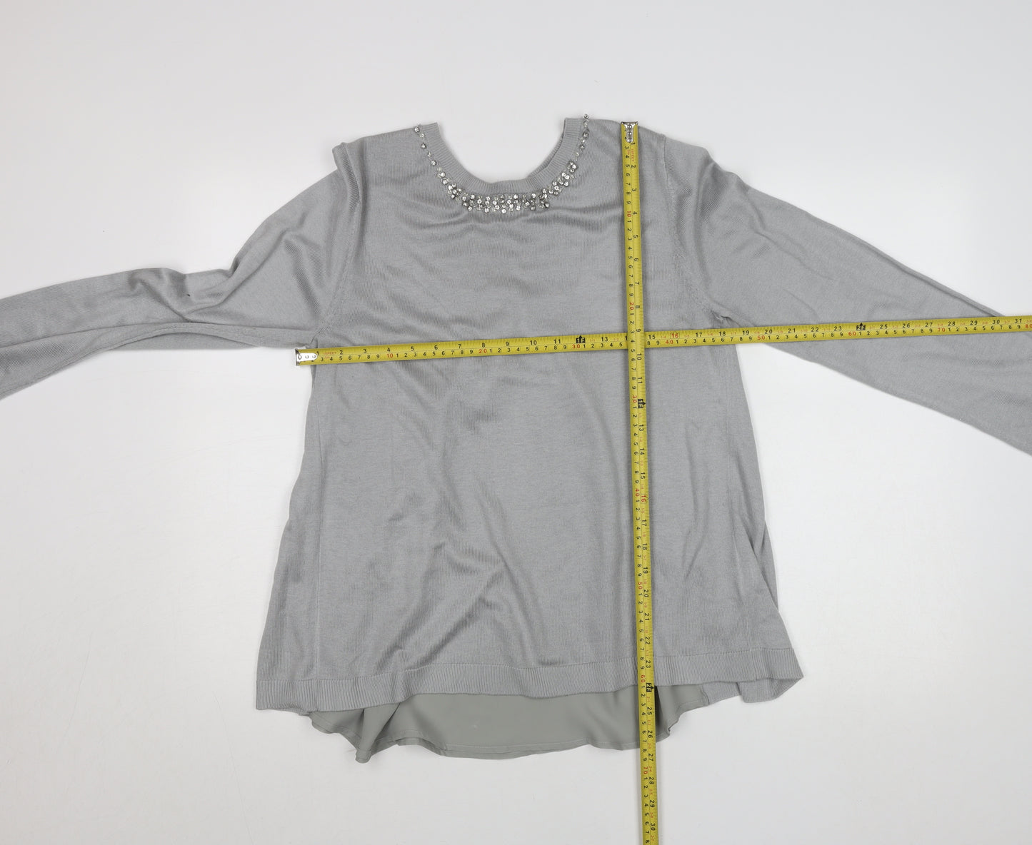 Oasis Women Grey Beaded Crew Neck Long Sleeve Knit Blouse L