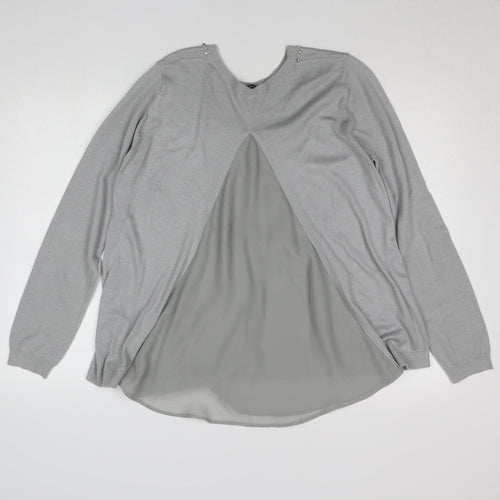 Oasis Women Grey Beaded Crew Neck Long Sleeve Knit Blouse L