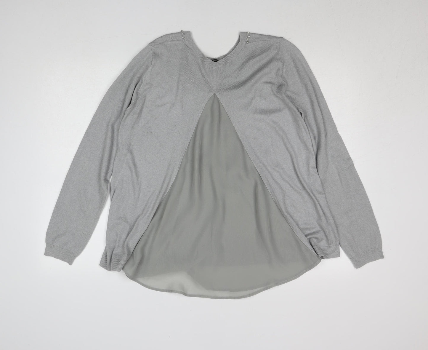 Oasis Women Grey Beaded Crew Neck Long Sleeve Knit Blouse L