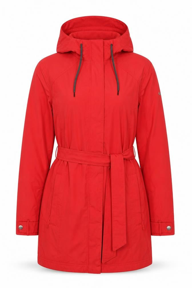 Front view of Columbia Women's Red Long Parka Jacket S Waterproof Hooded Coat
