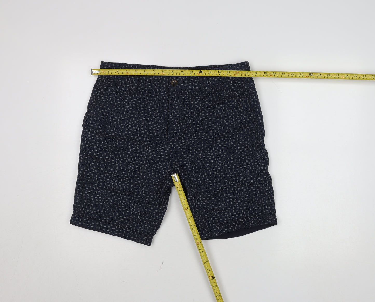 Broken Standard Men Blue Geometric Cotton Chino Shorts Size 32