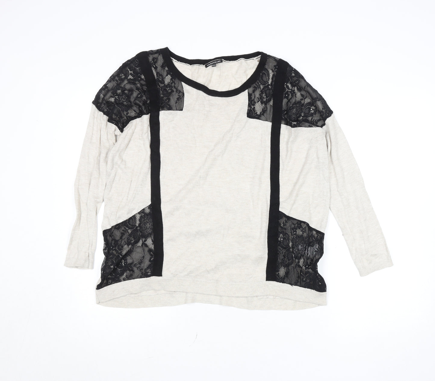 Warehouse Womens Beige Black Lace Panel Long Sleeve Jersey Top Size 14
