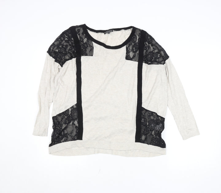 Warehouse Womens Beige Black Lace Panel Long Sleeve Jersey Top Size 14