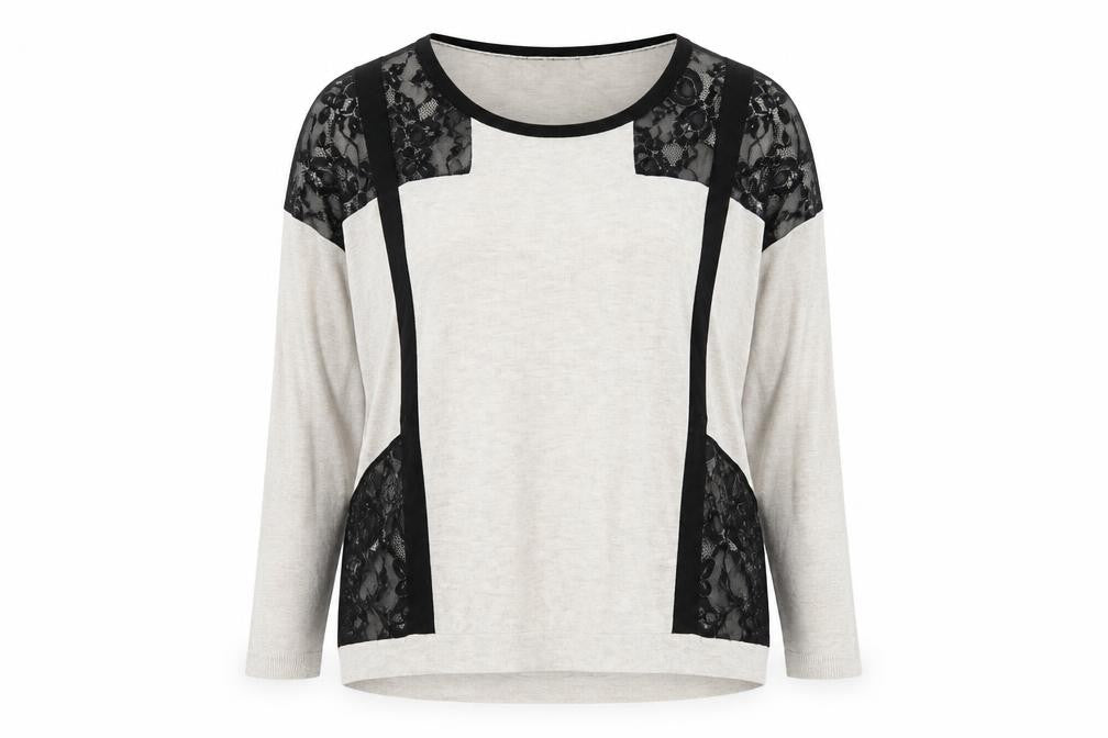 Front view of Warehouse women’s beige black lace panel long sleeve jersey top, size UK 14