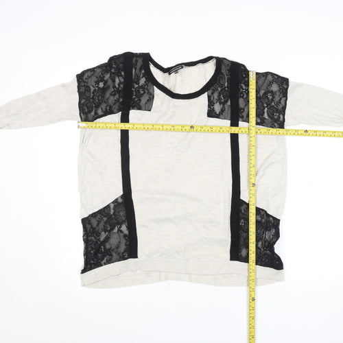 Warehouse Womens Beige Black Lace Panel Long Sleeve Jersey Top Size 14