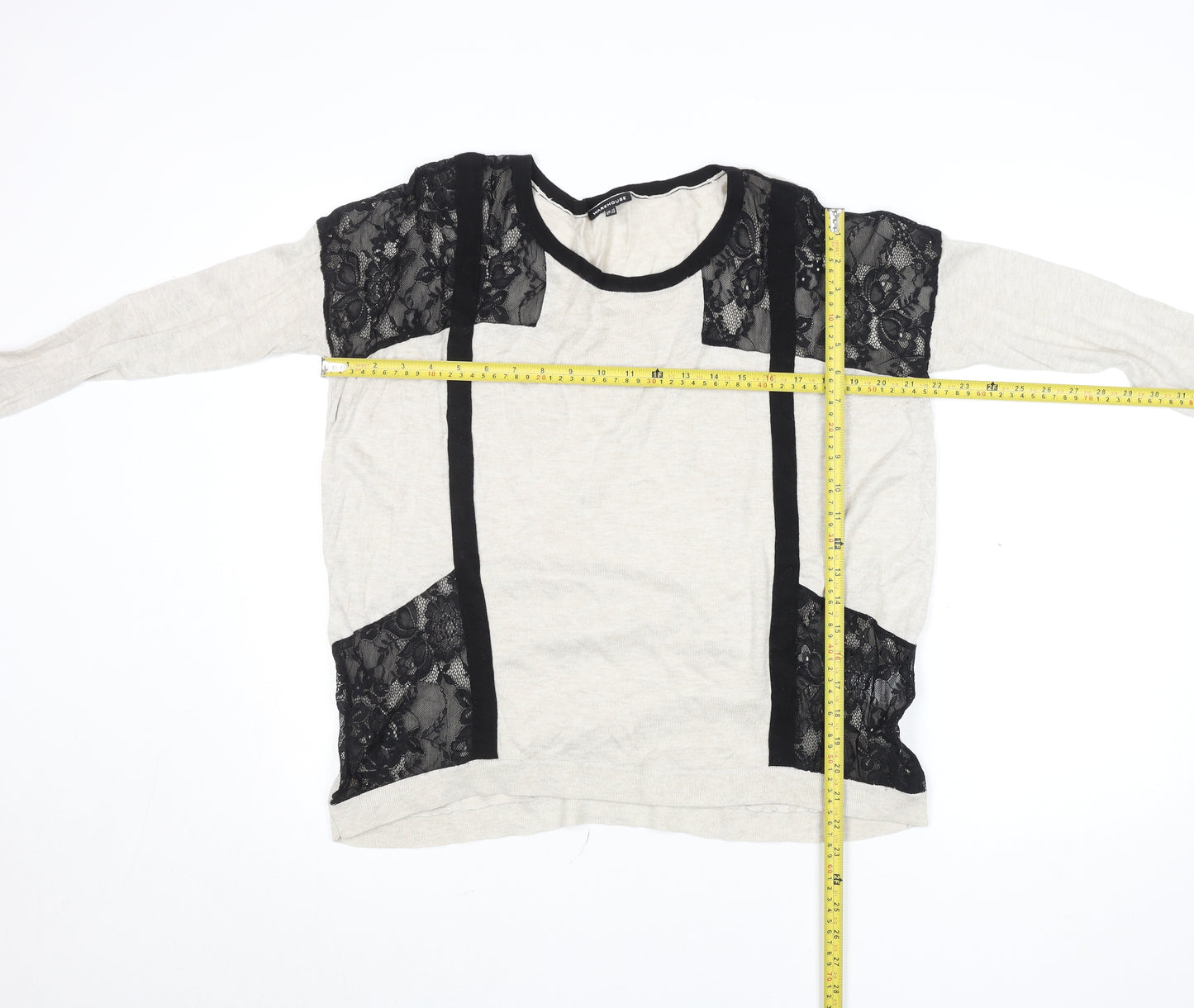 Warehouse Womens Beige Black Lace Panel Long Sleeve Jersey Top Size 14