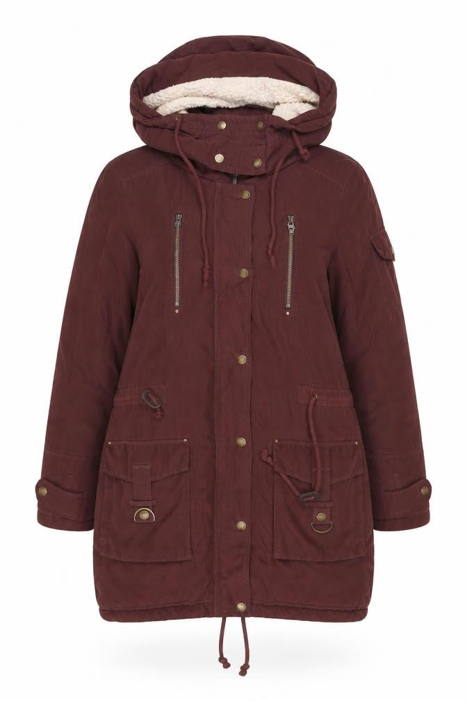 Front view of Noisy May Women’s Brown Hooded Parka Jacket M Lined Drawstring Zip Casual