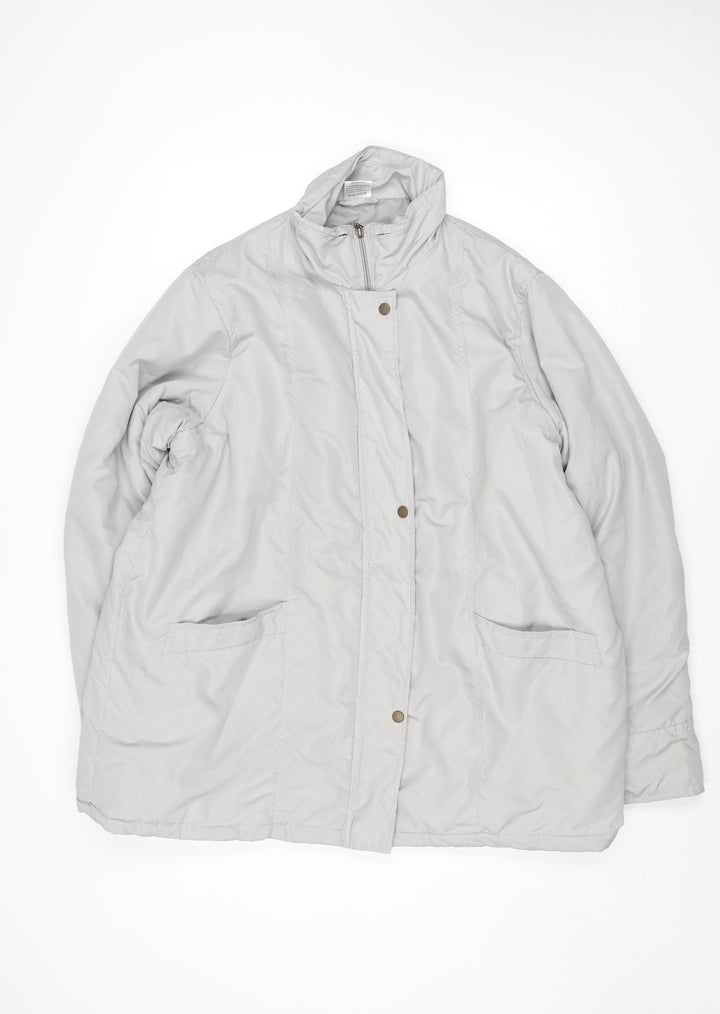 Women's Grey Puffer Coat Lined Zip Button Mid-Length Jacket L