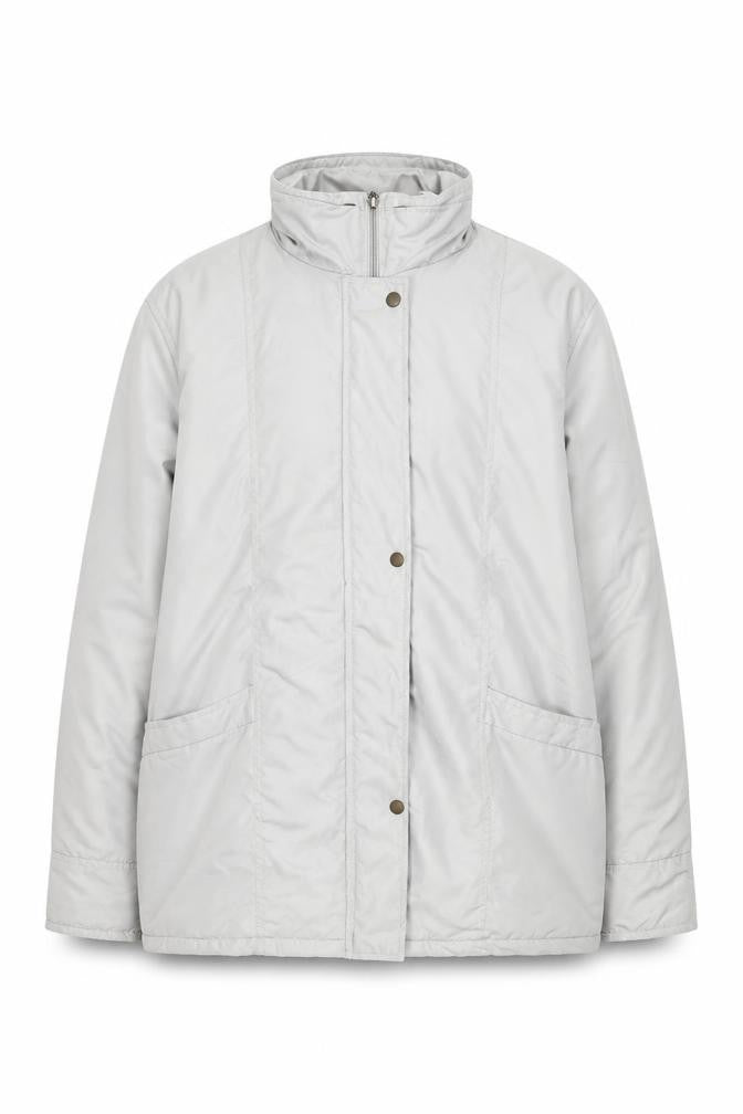 Front view of Women's Grey Puffer Coat Lined Zip Button Mid-Length Jacket L