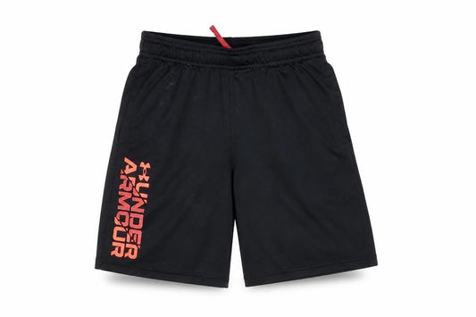 Front view of Under Armour boys’ black medium athletic shorts loose fit with drawstring
