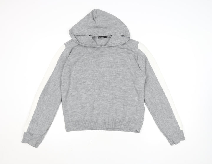 Boohoo Women Grey Knit Hoodie Size 8 Pullover Casual Jumper