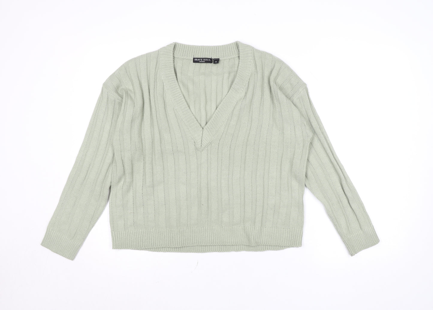 Brave Soul Women’s Green V-Neck Long Sleeve Acrylic Jumper Size 14