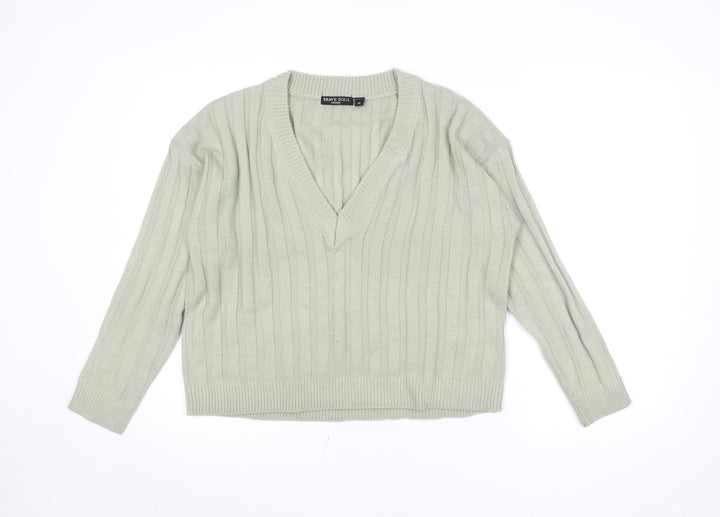 Brave Soul Women’s Green V-Neck Long Sleeve Acrylic Jumper Size 14