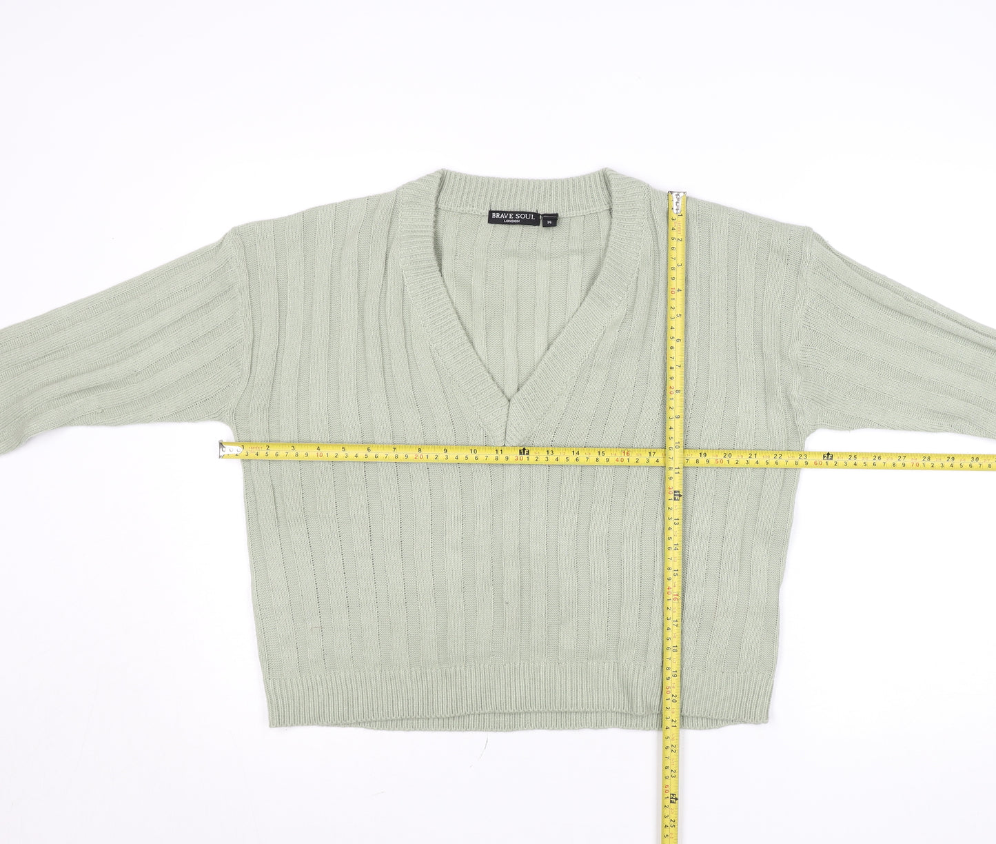 Brave Soul Women’s Green V-Neck Long Sleeve Acrylic Jumper Size 14