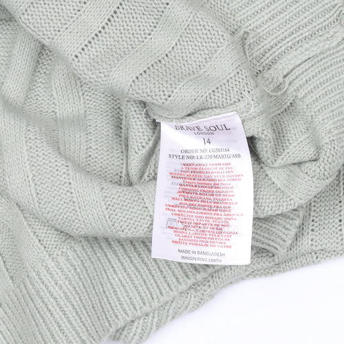 Brave Soul Women’s Green V-Neck Long Sleeve Acrylic Jumper Size 14