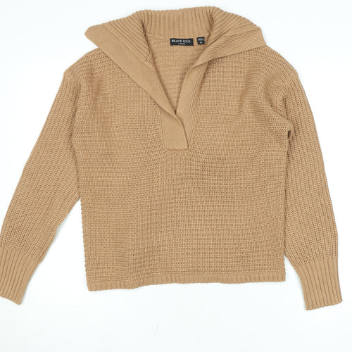 Brave Soul Women Beige Collared Chunky Knit Pullover Jumper M