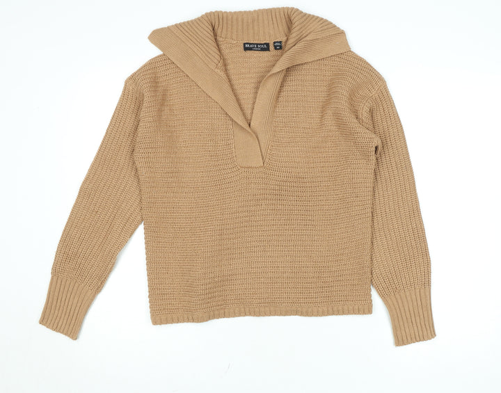 Brave Soul Women Beige Collared Chunky Knit Pullover Jumper M