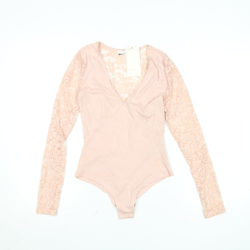 Very Lucy Womens Pink Lace Long Sleeve Bodysuit Size S