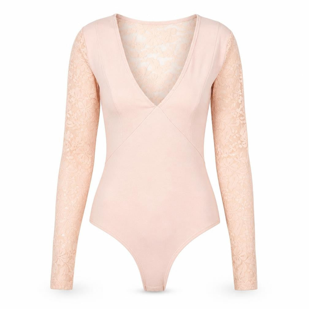 Front view of Very Lucy women’s pink lace long sleeve bodysuit, size S