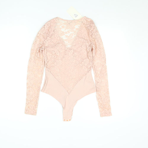 Very Lucy Womens Pink Lace Long Sleeve Bodysuit Size S