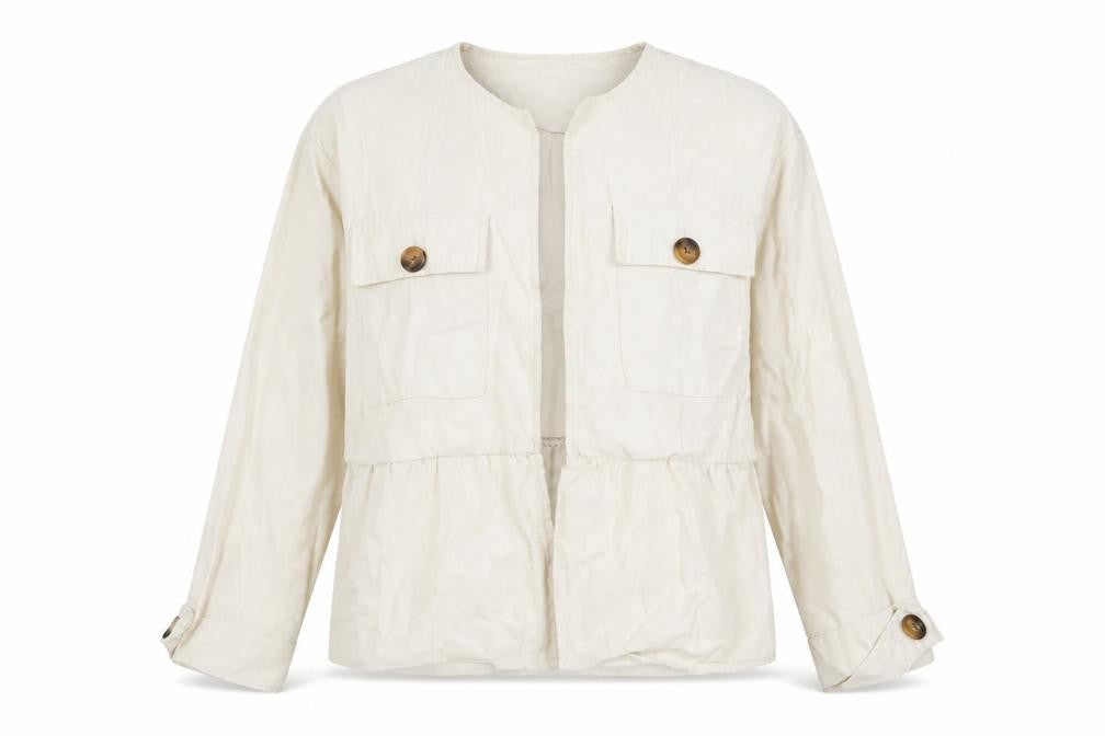 Front view of Zara Women Beige Button Front Relaxed Fit Short Jacket, size S