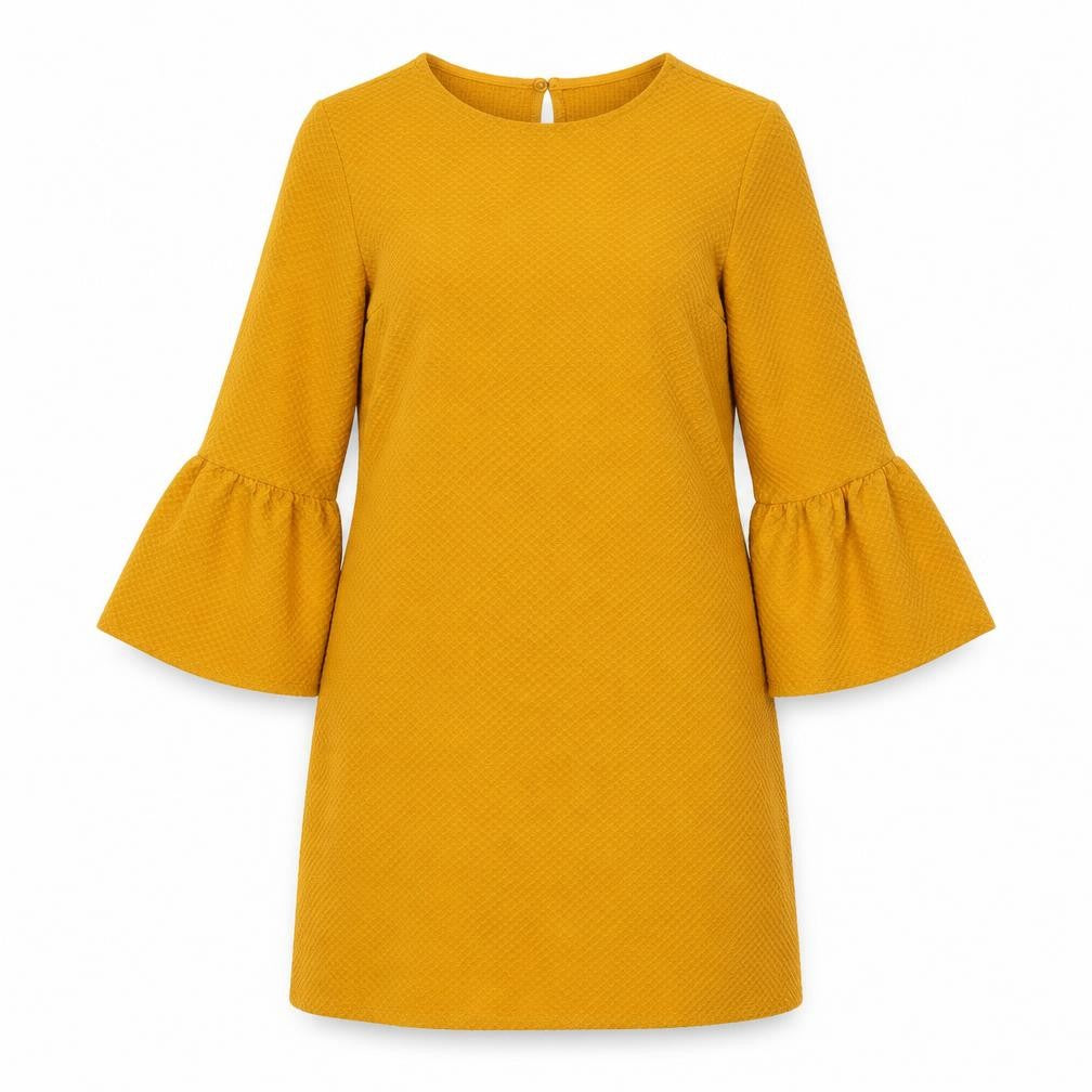 Front view of New Look Women's Yellow Shift Dress, size 10, Bell Sleeve