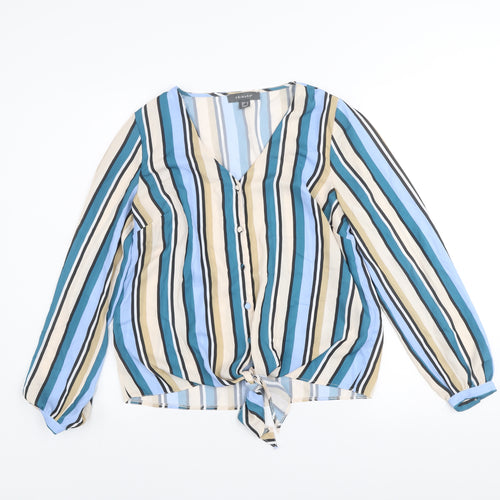 Primark Womens Multicoloured Striped V-Neck Long Sleeve Tie Front Blouse Size 10