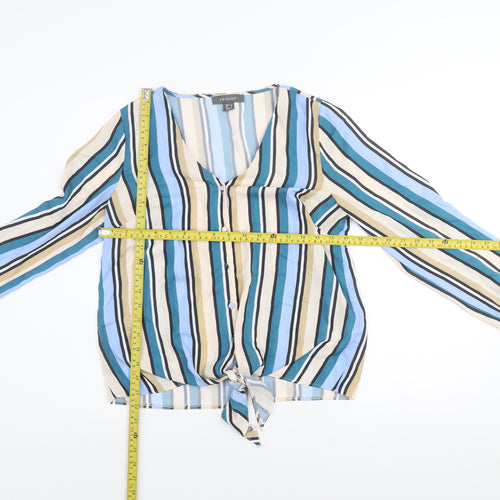 Primark Womens Multicoloured Striped V-Neck Long Sleeve Tie Front Blouse Size 10