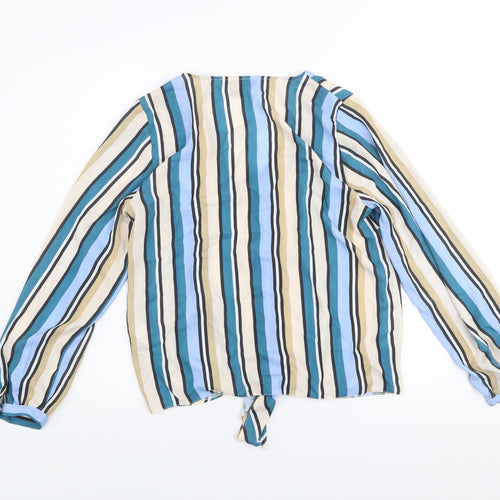 Primark Womens Multicoloured Striped V-Neck Long Sleeve Tie Front Blouse Size 10