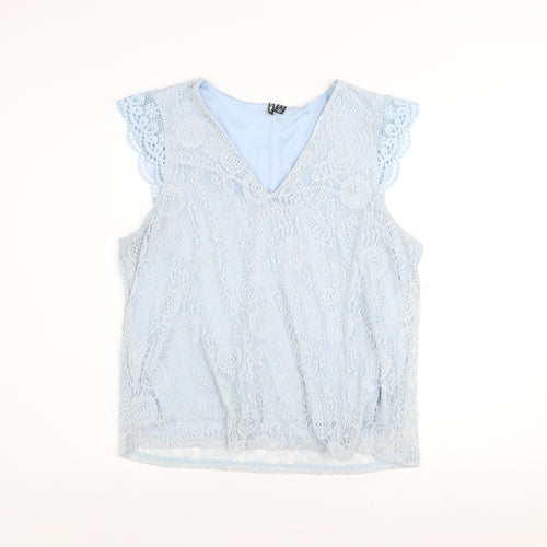 Pieces Women Blue Lace V-Neck Sleeveless Blouse Size 16