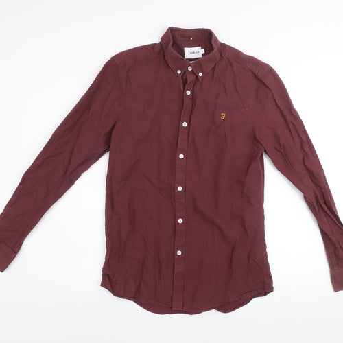 Farah Men's Burgundy Slim Fit Button-Up Cotton Long Sleeve Shirt M