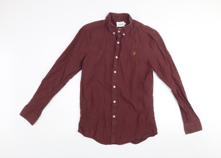 Farah Men's Burgundy Slim Fit Button-Up Cotton Long Sleeve Shirt M