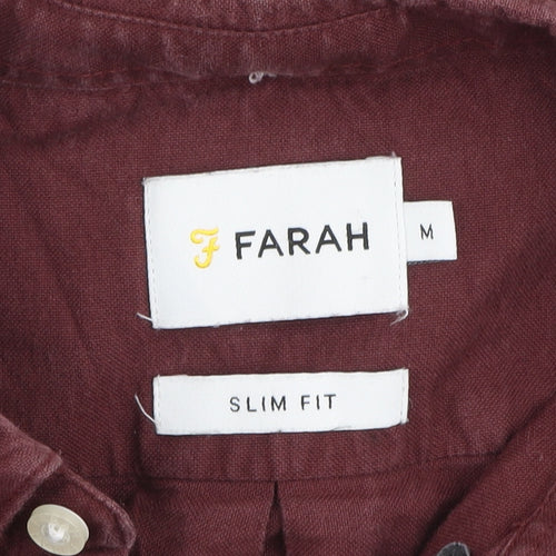Farah Men's Burgundy Slim Fit Button-Up Cotton Long Sleeve Shirt M