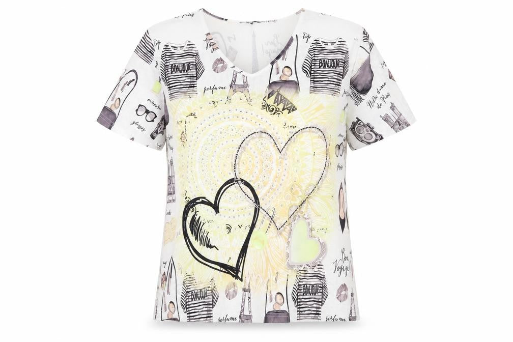 Front view of Casamia women’s multicoloured paris print v-neck t-shirt, size M