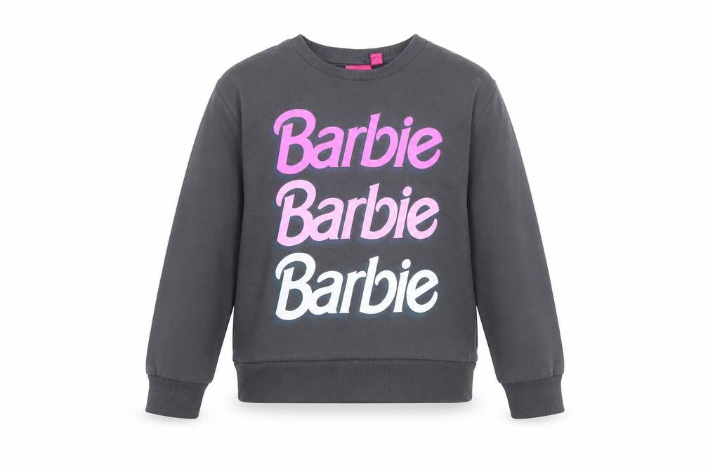 Front view of Barbie girls’ black cotton blend pullover sweatshirt 8-9 years graphic print