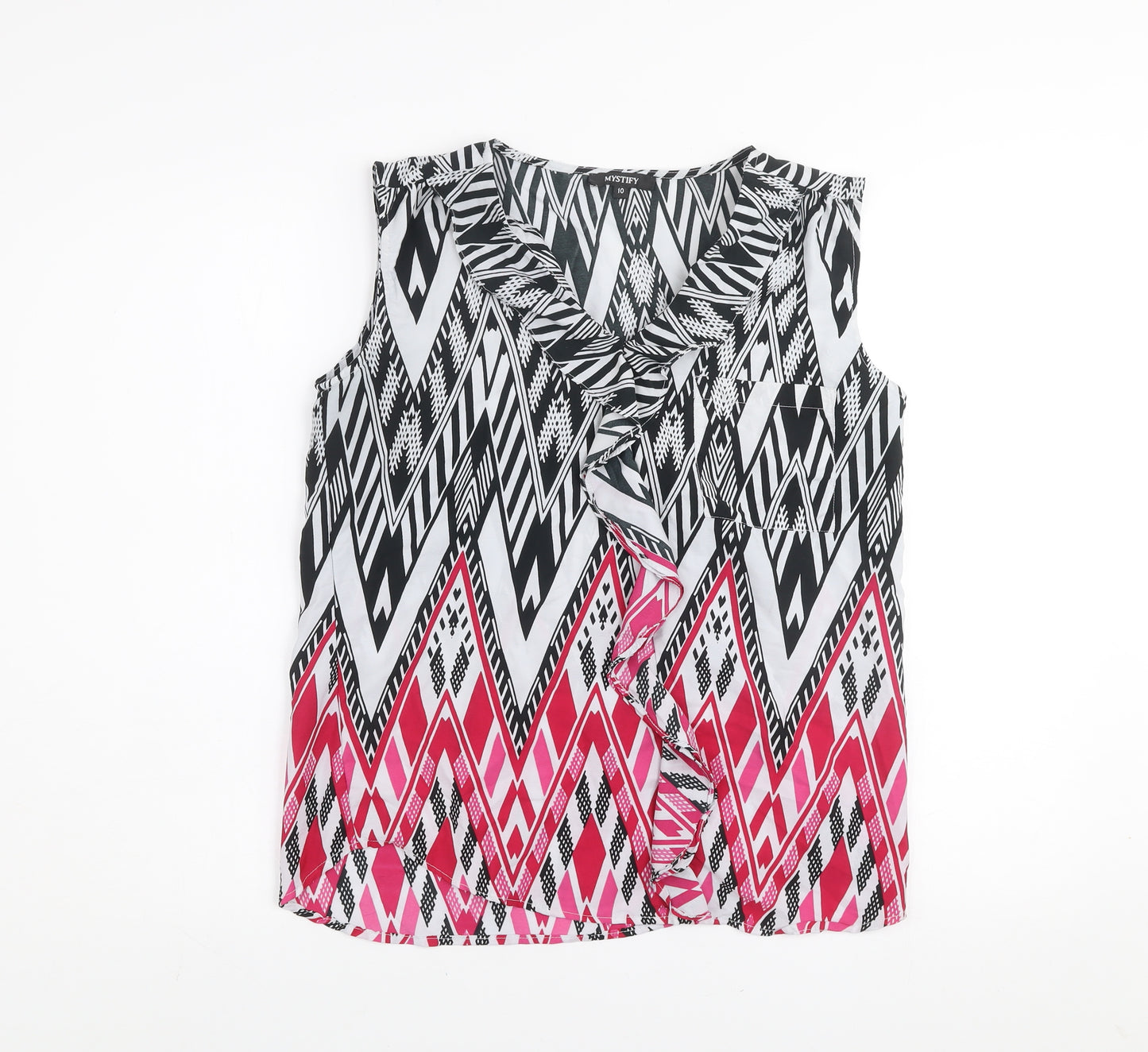 Mystify Women's Multicoloured Tribal Ruffle V-Neck Tunic Blouse Size 10